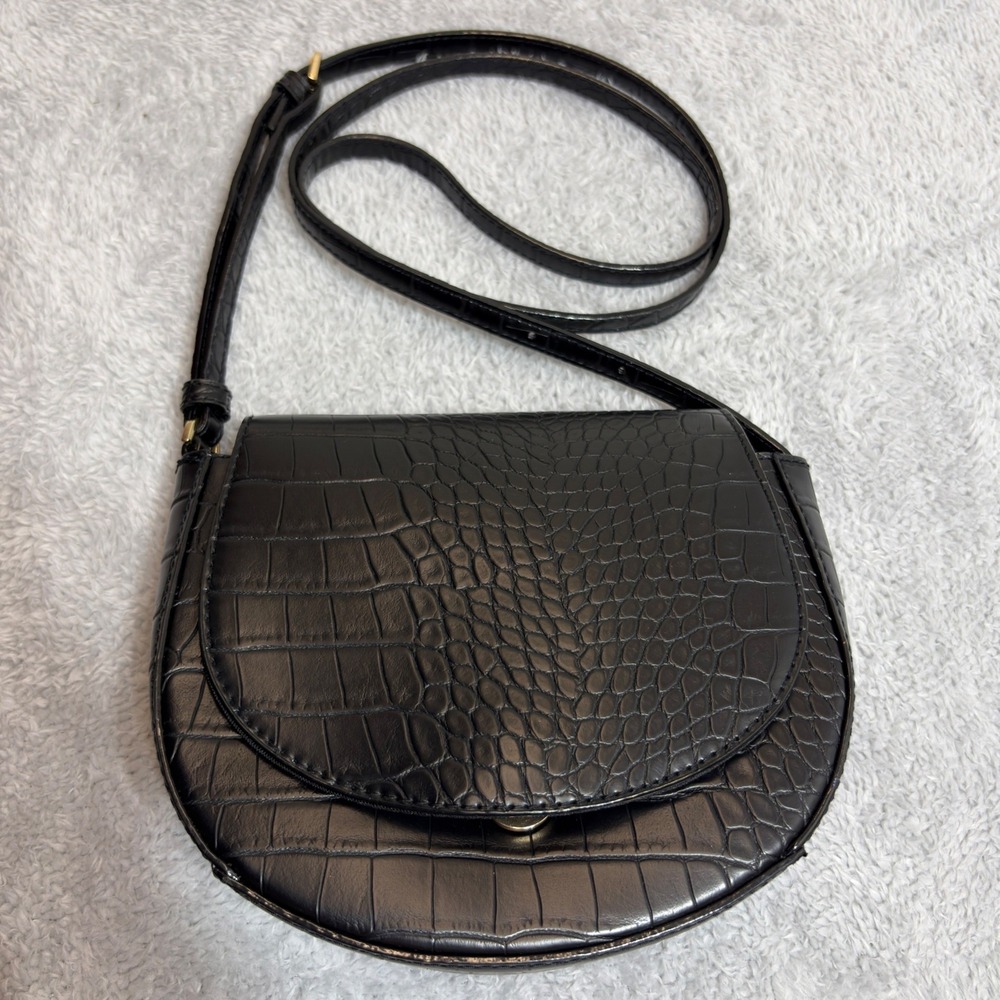 A New Day Crossbody Bag Womens Small Black Croc Embossed Turn Lock Saddle Purse
